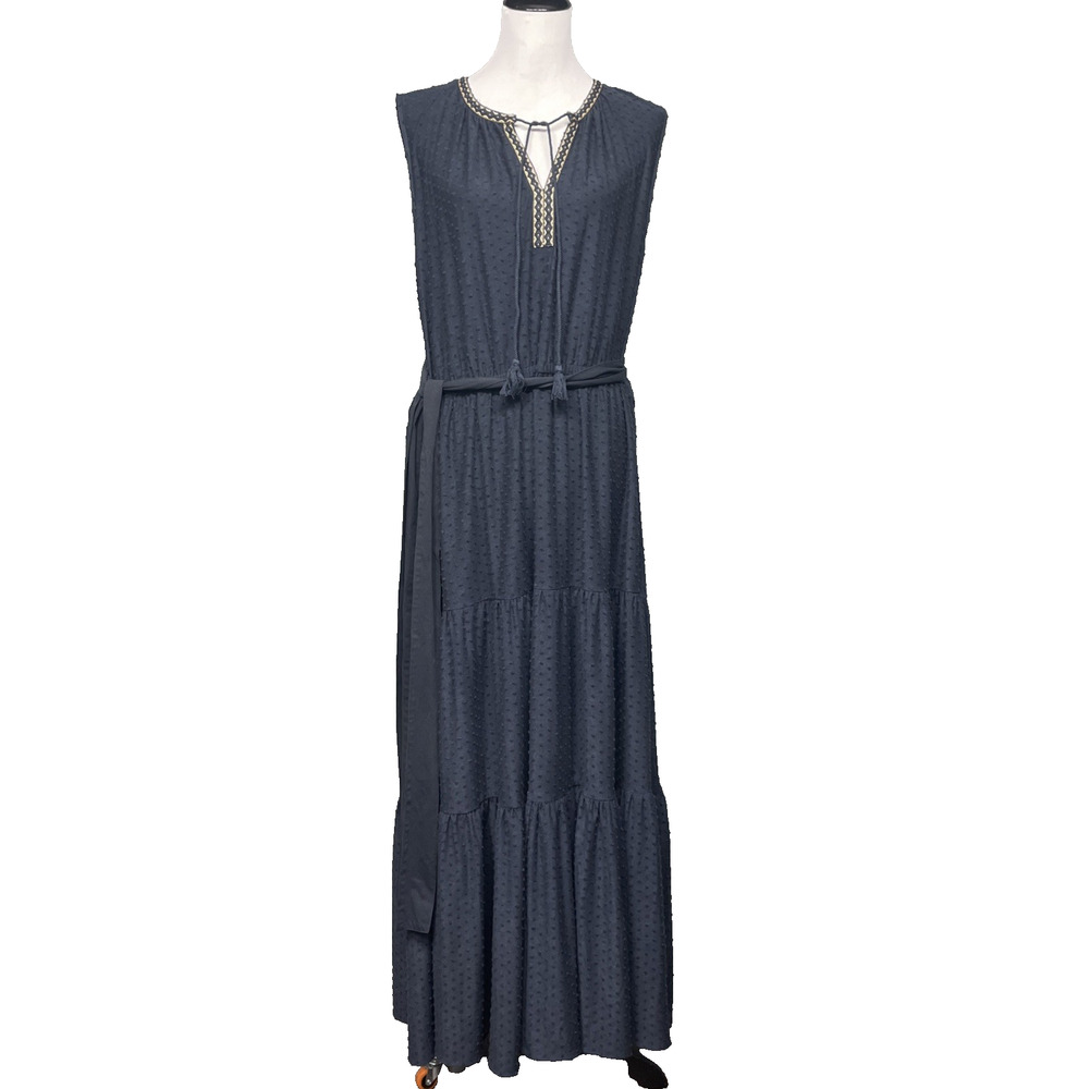 Les Serein 3XL Navy Blue Tiered Boho Dress V-Neck Embroidery Tassels Plus Size